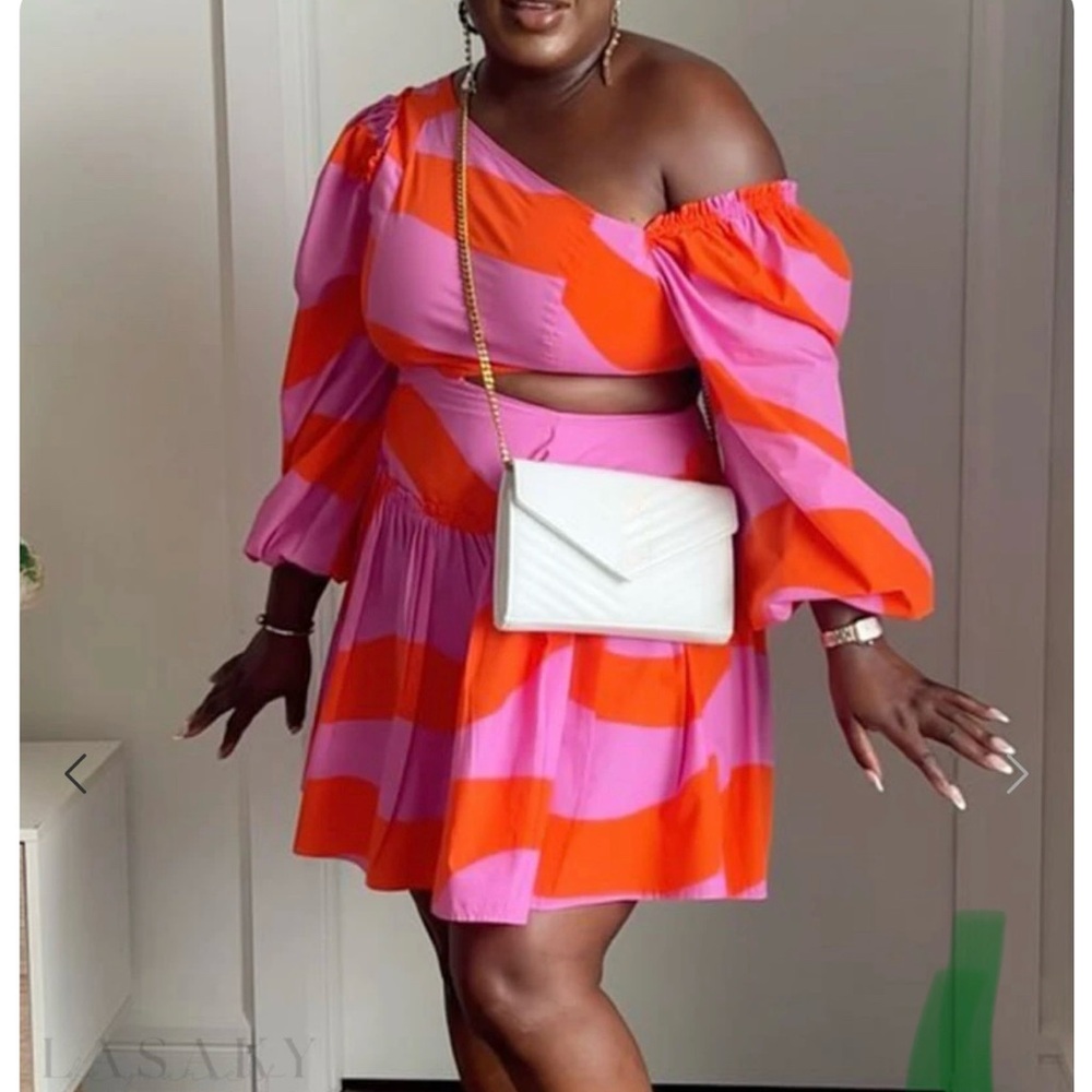 Vibrant Pink and Orange Off-Shoulder Mini Dress